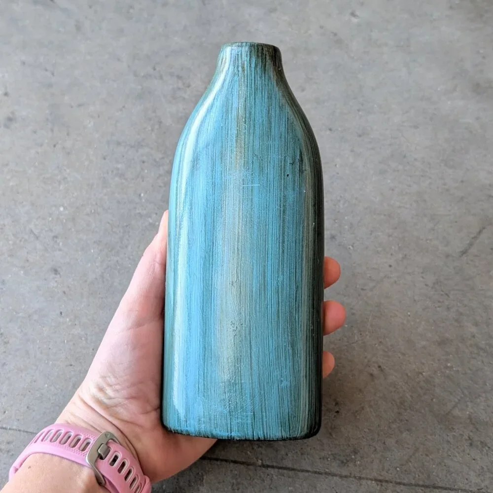 Vintage Teal Liquor Bottle Hand Painted Floral Ceramic Vase - Picture 5 of 9